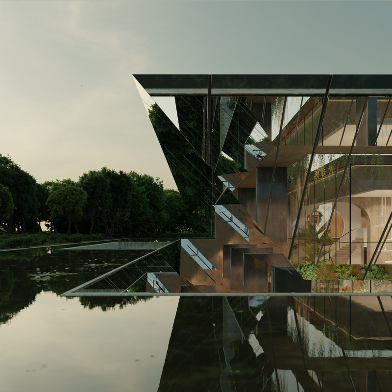 Press kit | 7561-01 - Press release | Periscope House wins Architizer A+Award 2024 and a Special Mention for Sustainability - Architects Claerhout - Van Biervliet & Adriaan Claerhout - Residential Architecture - Close up of the periscope contour mirror in upright position, reflecting the view of the underground living space - Photo credit: @adriaanclaerhout