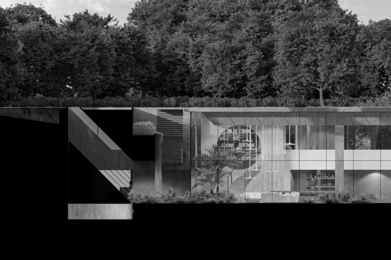 Press kit | 7561-01 - Press release | Periscope House wins Architizer A+Award 2024 and a Special Mention for Sustainability - Architects Claerhout - Van Biervliet & Adriaan Claerhout - Residential Architecture - Section with lower periscope mirror down and upper mirror also down, making the building disappear in the landscape - Photo credit: @adriaanclaerhout
