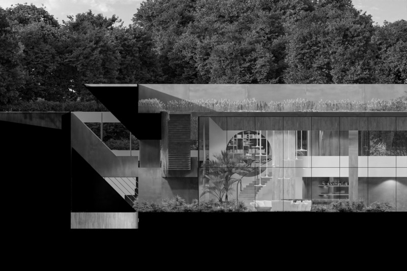 Press kit | 7561-01 - Press release | Periscope House wins Architizer A+Award 2024 and a Special Mention for Sustainability - Architects Claerhout - Van Biervliet & Adriaan Claerhout - Residential Architecture - Section with lower periscope mirror down and upper mirror rising, so that light and view appear in the underground living room  - Photo credit: @adriaanclaerhout