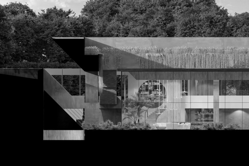 Press kit | 7561-01 - Press release | Periscope House wins Architizer A+Award 2024 and a Special Mention for Sustainability - Architects Claerhout - Van Biervliet & Adriaan Claerhout - Residential Architecture - Section with lower periscope mirror down and upper mirror fully up, so that light and view appear in the underground living room  - Photo credit: @adriaanclaerhout