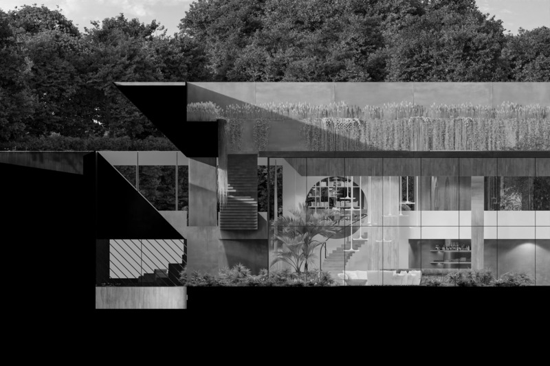 Press kit | 7561-01 - Press release | Periscope House wins Architizer A+Award 2024 and a Special Mention for Sustainability - Architects Claerhout - Van Biervliet & Adriaan Claerhout - Residential Architecture - Section with lower periscope mirror up and upper mirror fully up, so that light and view appear on the minus 1 level - Photo credit: @adriaanclaerhout