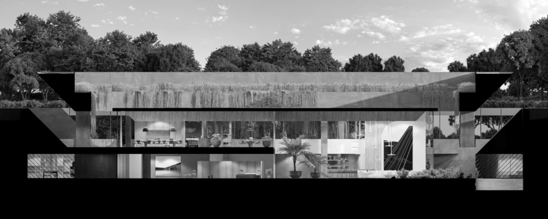 Press kit | 7561-01 - Press release | Periscope House wins Architizer A+Award 2024 and a Special Mention for Sustainability - Architects Claerhout - Van Biervliet & Adriaan Claerhout - Residential Architecture - Full section with lower periscope mirror up and upper mirror also fully up, in order to have light and view on the landscape from the level minus 1. - Photo credit: @adriaanclaerhout