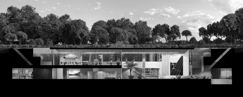 Press kit | 7561-01 - Press release | Periscope House wins Architizer A+Award 2024 and a Special Mention for Sustainability - Architects Claerhout - Van Biervliet & Adriaan Claerhout - Residential Architecture - Full section with lower periscope mirror up and upper mirror down, to make the building disappear in the landscape - Photo credit: @adriaanclaerhout