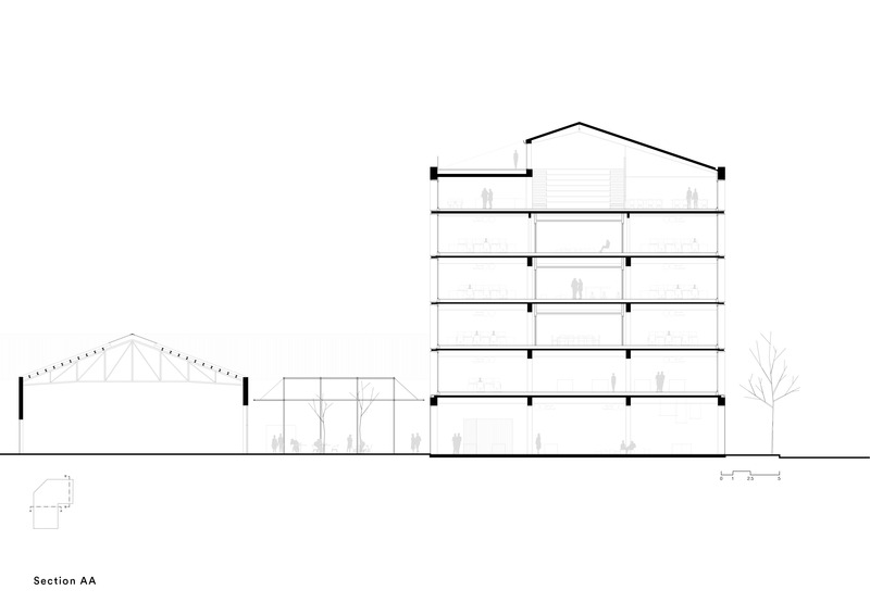Dossier de presse | 4196-01 - Communiqué de presse | b720 Turns Simon's Old Factory to SWITCH, the Company's New Headquarters - b720 Fermín Vázquez Arquitectos - Architecture commerciale - Section AA - Crédit photo : b720 Fermín Vázquez Arquitectos
