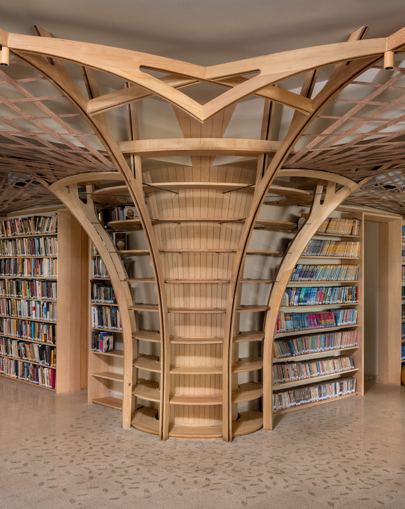 Press kit | 7591-01 - Press release | The Forest of Knowledge - studio HINGE - Commercial Interior Design - Corner tree, showing branches intersecting overhead - Photo credit: Suryan//Dang