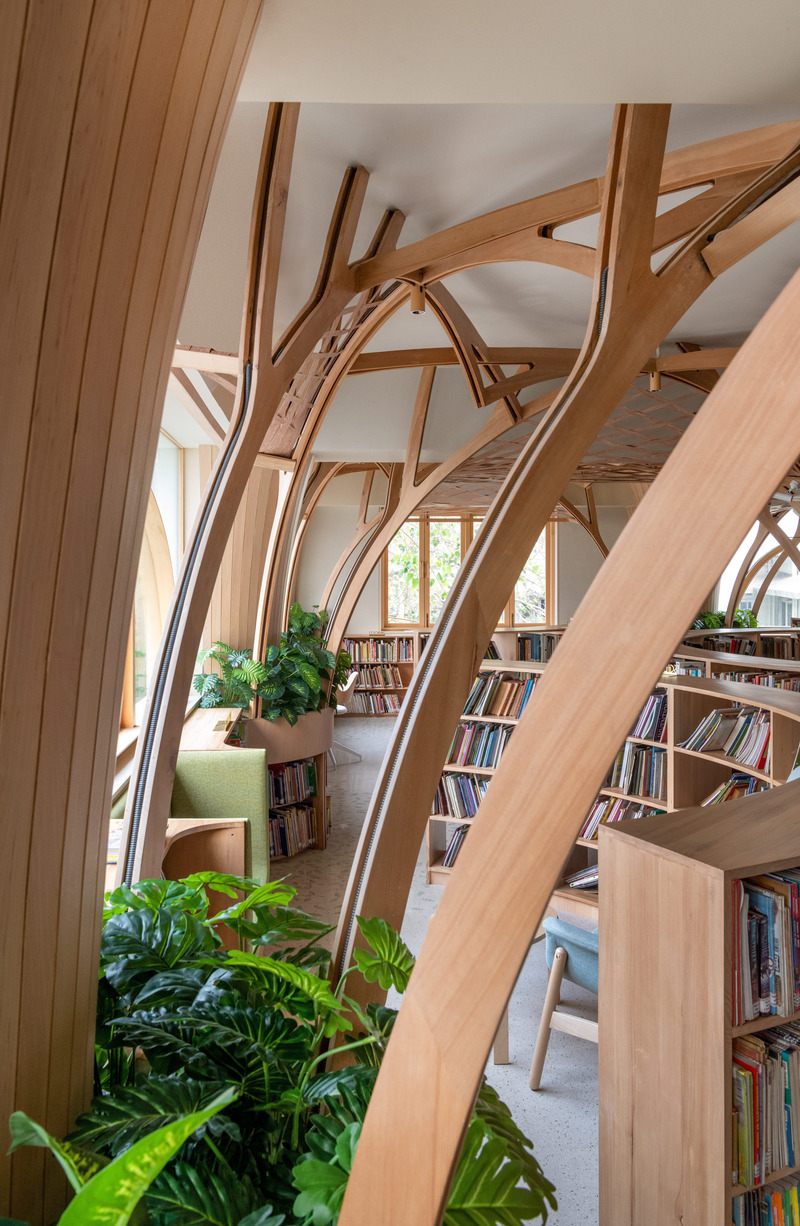 Press kit | 7591-01 - Press release | The Forest of Knowledge - studio HINGE - Commercial Interior Design - Looking through the branches into the reading bays - Photo credit: Suryan//Dang