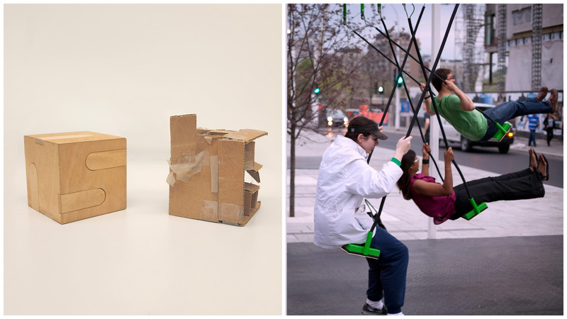 Dossier de presse | 748-51 - Communiqué de presse | Le Centre de design de l’UQAM commence sa saison avec l’exposition « Parcours : 50 ans de créativité » - Centre de design de l'UQAM - Évènement + Exposition - Melissa Mongiat, B.A design graphique, 2001<br>Image de gauche <br>Projet étudiant : objet « interactif » en bois et sa maquette carton, Boîte mystérieuse, 1998<br>Enseignant : Frédéric Metz<br>Image de droite <br>Projet récent : installation interactive au Quartier des spectacles de Montréal, 21 balançoires, Daily tous les jours, 2011<br>Collaboration : musique par Radwan Ghazi Moumneh<br><br> - Crédit photo :  Olivier Blouin 