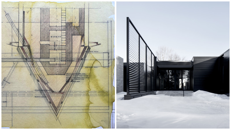 Dossier de presse | 748-51 - Communiqué de presse | Le Centre de design de l’UQAM commence sa saison avec l’exposition « Parcours : 50 ans de créativité » - Centre de design de l'UQAM - Évènement + Exposition - Alain Carle, B.A. design de l’environnement 1989<br>Image de gauche <br>Projet étudiant : coupe transversale pour un concours d’idées sur le thème d’une nouvelle typologie de bâtiment, Concours ARQ, 1989<br>Image de droite<br>Projet récent : résidence unifamiliale, True North, AtelierCarle, 2018<br><br><br> - Crédit photo :  Adrien Williams 