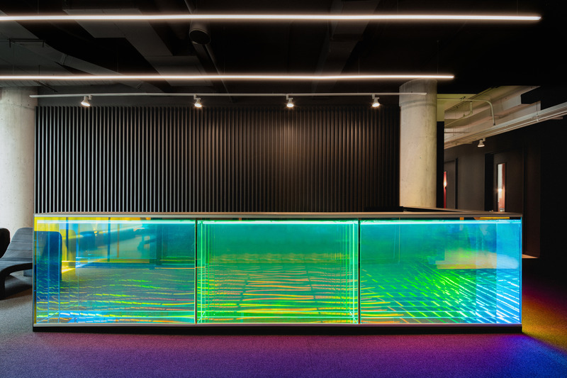 Press kit | 2626-04 - Press release | Plus Company Campus & Cossette Offices - LAAB architecture - Commercial Interior Design - Elevation view of reception - Photo credit:  Raphael Thibodeau &amp; LAAB