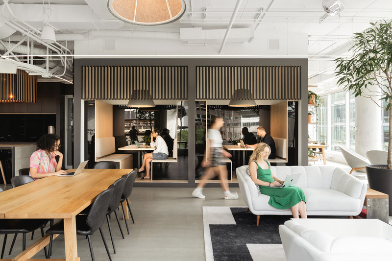 Press kit | 2626-04 - Press release | Plus Company Campus & Cossette Offices - LAAB architecture - Commercial Interior Design - Elevation view of Bistro-Park seating alcoves - Photo credit: Raphael Thibodeau