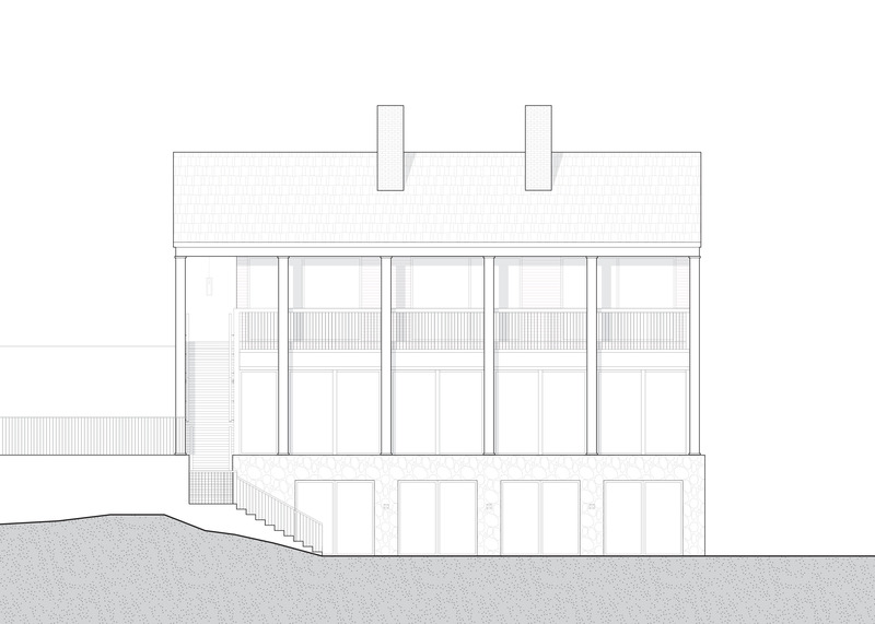 Dossier de presse | 2603-03 - Communiqué de presse | Le Spa à Manoir Hovey - LAMAS Architecture Ltd - Architecture commerciale - Elévation sud, face au lac, avec de hautes colonnes et des pilastres rappelant le bâtiment historique du Manoir. - Crédit photo : LAMAS