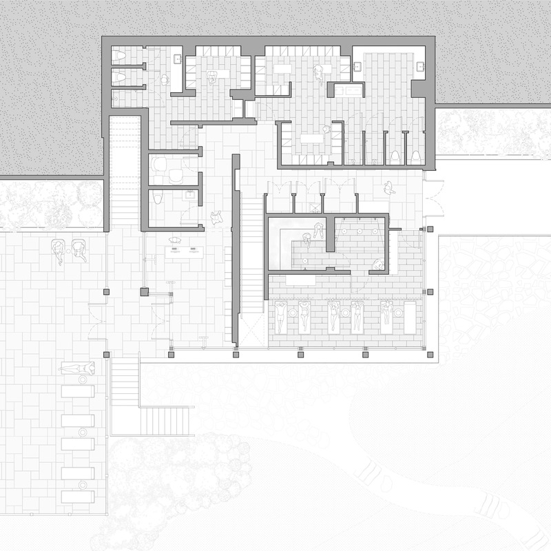 Dossier de presse | 2603-03 - Communiqué de presse | Le Spa à Manoir Hovey - LAMAS Architecture Ltd - Architecture commerciale - Plan du niveau 2 avec la terrasse de la piscine à gauche et le circuit thermal extérieur à droite. Les programmes de ce niveau comprennent également une salle de réception, des vestiaires, un hammam, une douche thérapeutique et une salle de relaxation. - Crédit photo : LAMAS