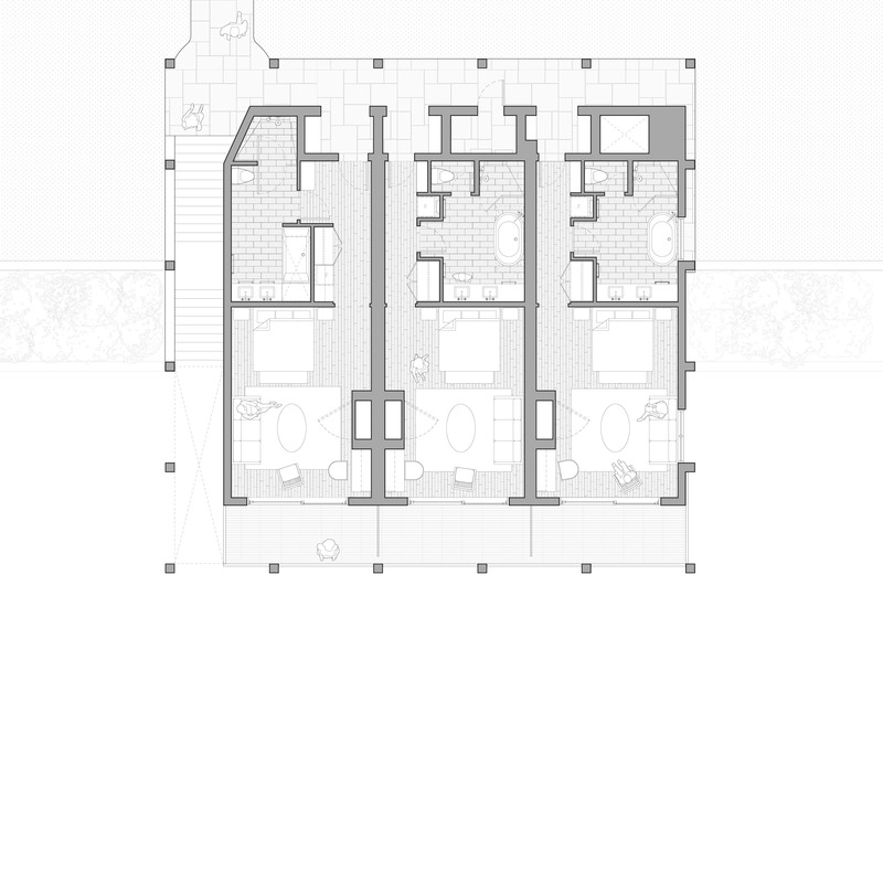 Dossier de presse | 2603-03 - Communiqué de presse | Le Spa à Manoir Hovey - LAMAS Architecture Ltd - Architecture commerciale - Plan du niveau 3 montrant le portique d'entrée, les suites de luxe et les balcons - Crédit photo : LAMAS