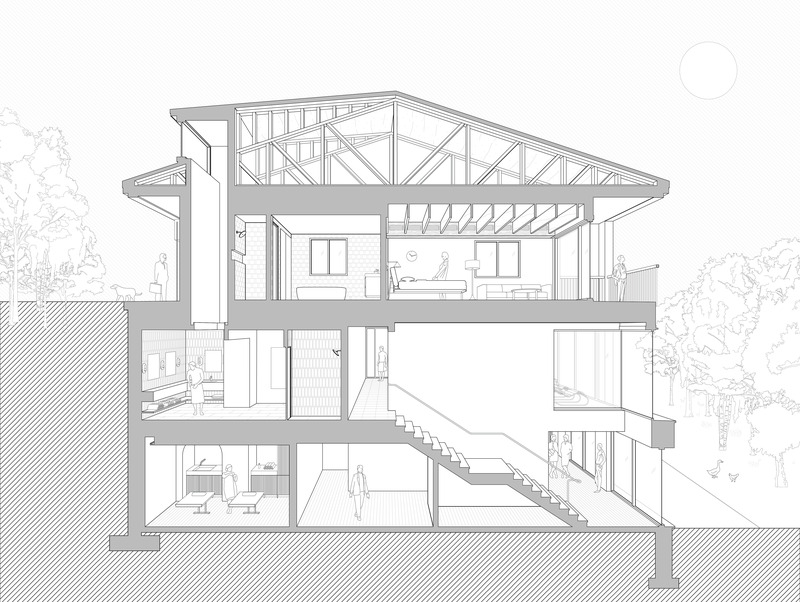 Dossier de presse | 2603-03 - Communiqué de presse | Le Spa à Manoir Hovey - LAMAS Architecture Ltd - Architecture commerciale - Vue en coupe de la lucarne à deux étages et de l'escalier intérieur - Crédit photo : LAMAS