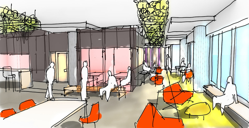 Press kit | 2626-04 - Press release | Plus Company Campus & Cossette Offices - LAAB architecture - Commercial Interior Design - Concept sketch view of Bistro-Park - Photo credit: LAAB architecture