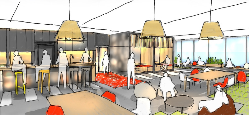 Press kit | 2626-04 - Press release | Plus Company Campus & Cossette Offices - LAAB architecture - Commercial Interior Design - Concept sketch of lounge bar in Bistro-Park - Photo credit: LAAB architecture