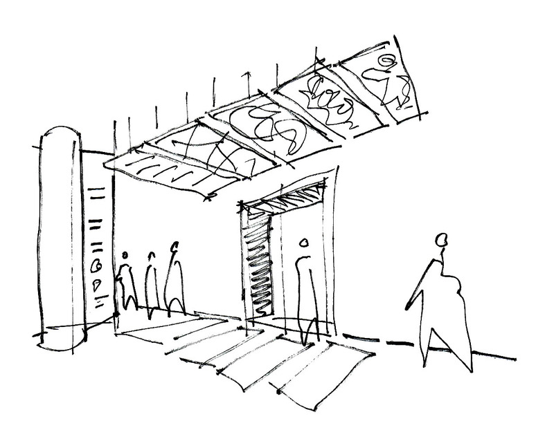 Press kit | 2626-04 - Press release | Plus Company Campus & Cossette Offices - LAAB architecture - Commercial Interior Design - Concept sketch of entrance portal - Photo credit: LAAB architecture