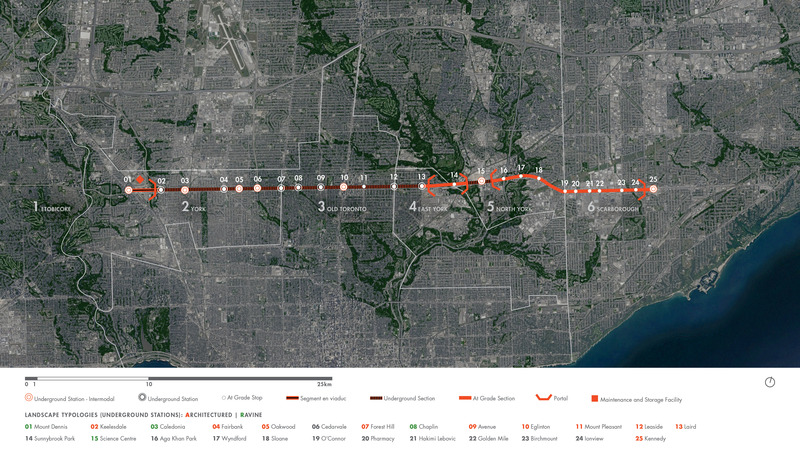 Dossier de presse | 718-05 - Communiqué de presse | Eglinton Crosstown LRT : Rehausser la qualité du design dans l'espace public - Daoust Lestage Lizotte Stecker Benech - Architecture institutionnelle -  L'ADN du projet s'adapte aux particularités des six quartiers traversés, tout en préservant la continuité et l'identité de la ligne. - Crédit photo :  Daoust Lestage Lizotte Stecker Benech
