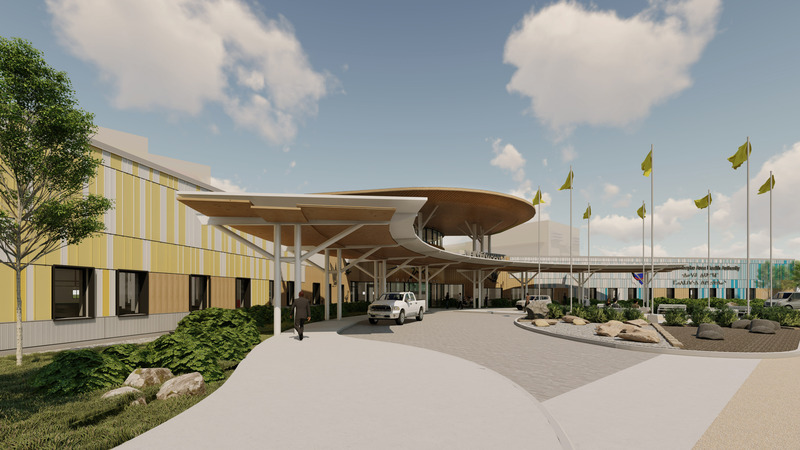 Dossier de presse | 2035-02 - Communiqué de presse | Northern Ontario’s New Healthcare Campus, the WAHA Redevelopment Project, Moves Forward with Financial Close - Kasian - Architecture institutionnelle - Hospital Main Entrance Drop-off - Crédit photo : Kasian Architecture Ontario Incorporated