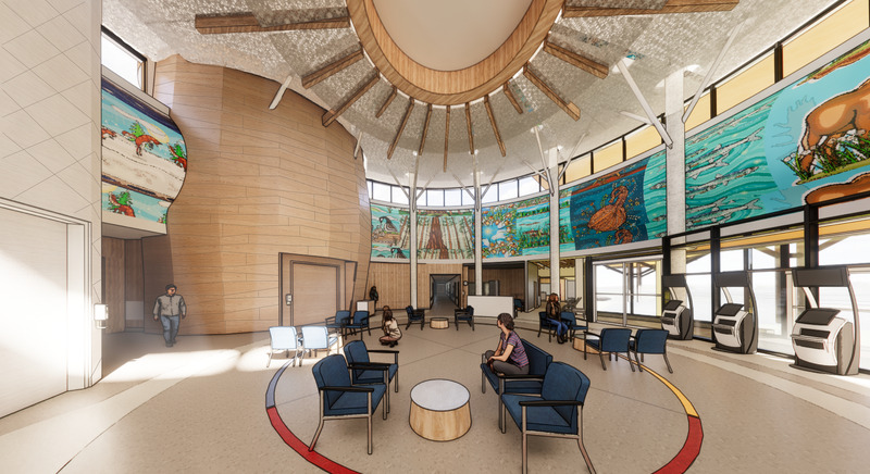 Dossier de presse | 2035-02 - Communiqué de presse | Northern Ontario’s New Healthcare Campus, the WAHA Redevelopment Project, Moves Forward with Financial Close - Kasian - Architecture institutionnelle - Hospital Public Lobby II - Crédit photo : Kasian Architecture Ontario Incorporated