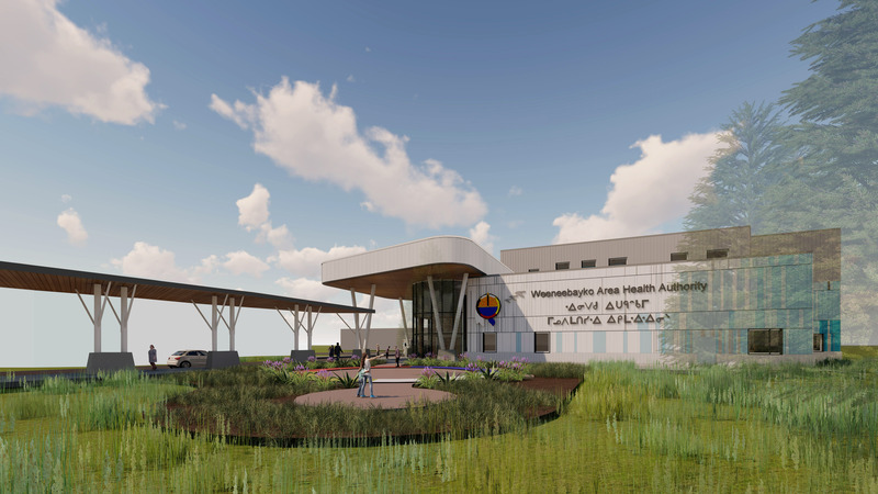 Dossier de presse | 2035-02 - Communiqué de presse | Northern Ontario’s New Healthcare Campus, the WAHA Redevelopment Project, Moves Forward with Financial Close - Kasian - Architecture institutionnelle - Moose Factory Health Centre - Healing Garden and Main Entrance - Crédit photo : Kasian Architecture Ontario Incorporated